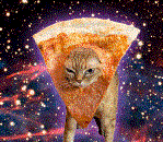 A ginger kitten with its head poking through a slice of cheese pizza in front of a galaxy background.